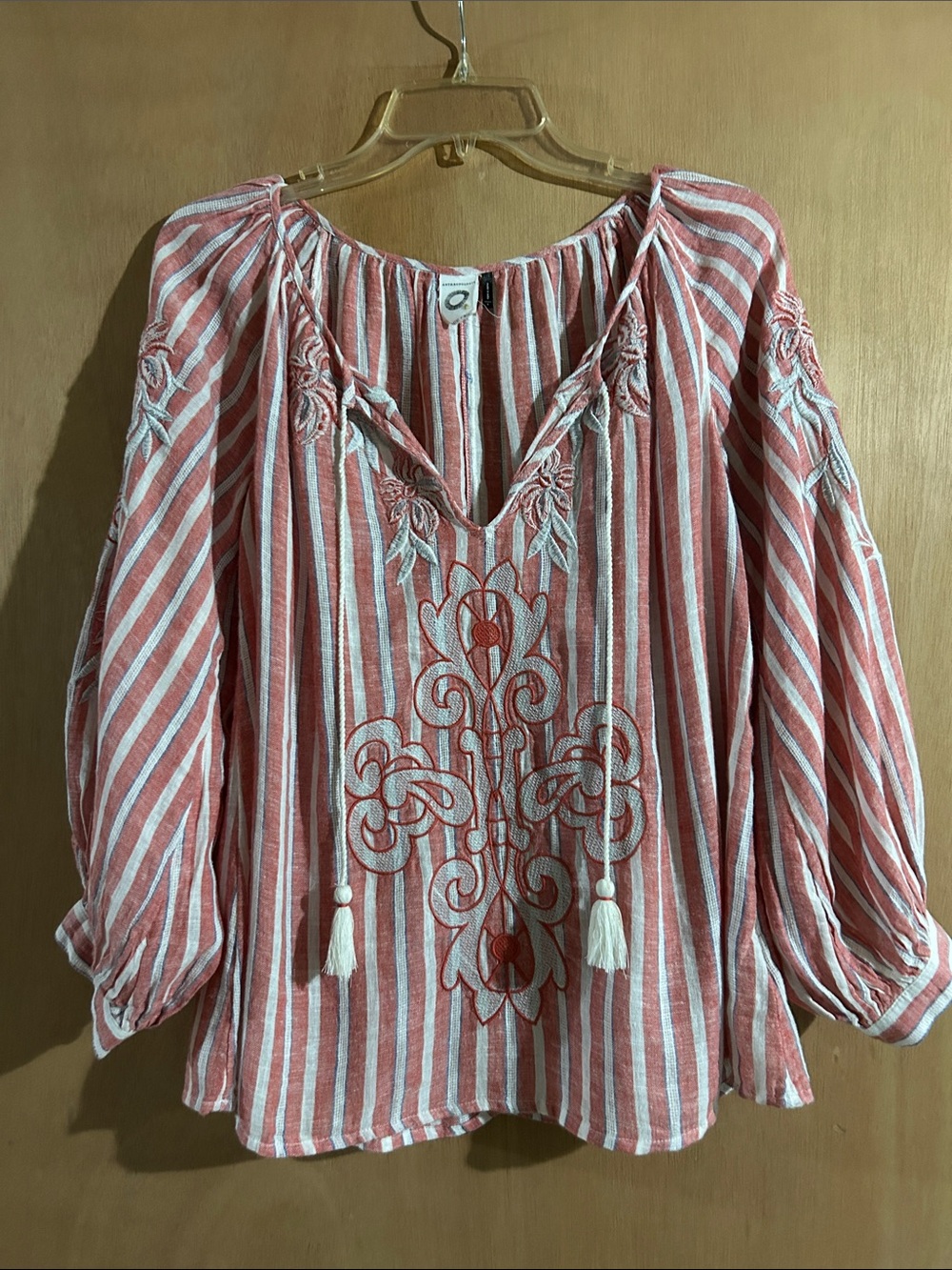 Anthropology Akemi + Kin Striped Embroidered Peasant Top in Coral and White